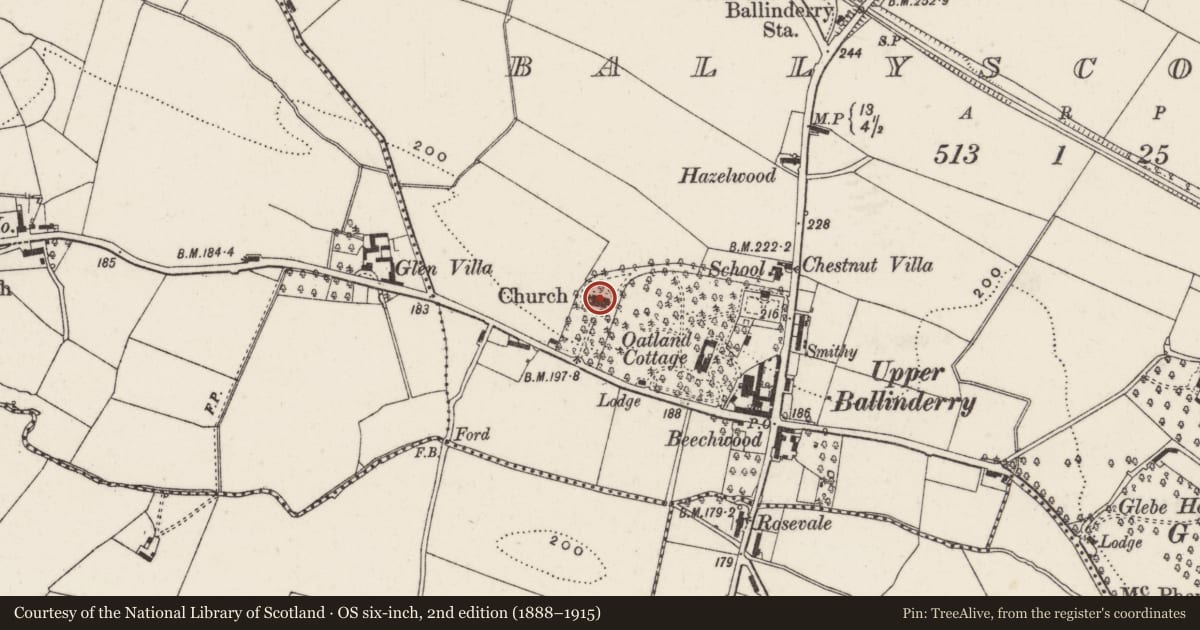 Ordnance Survey six-inch map, 2nd edition (1888–1915) covering the location of Ballinderry Parish Church, Ballyscolly, Lisburn and Castlereagh, with a pin at the register's coordinates