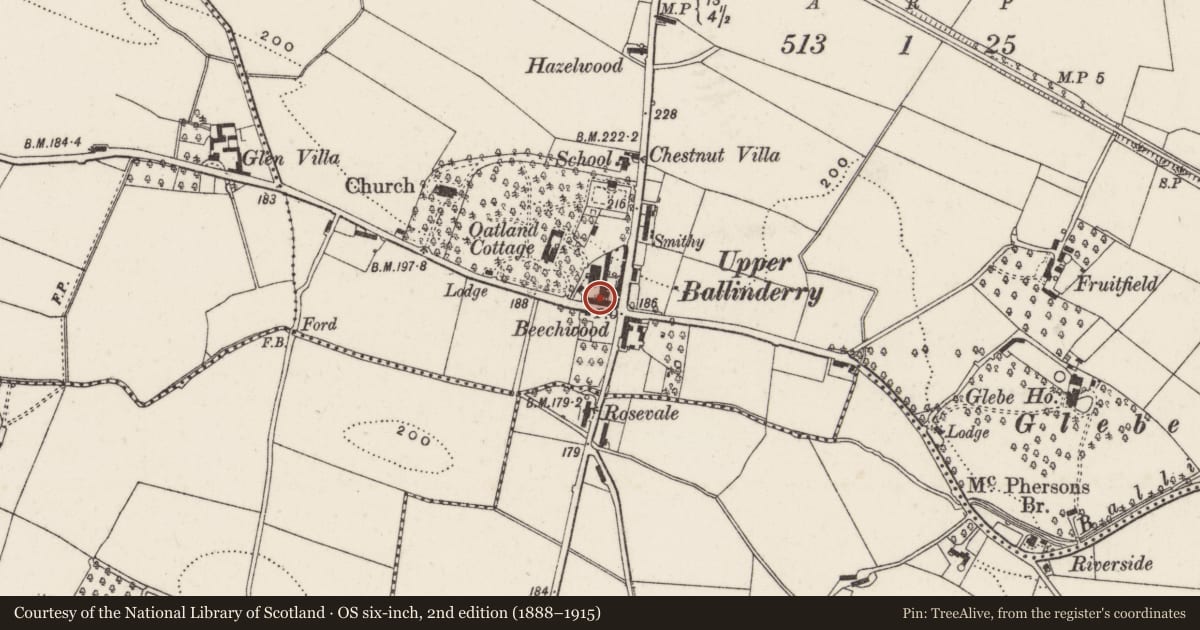 Ordnance Survey six-inch map, 2nd edition (1888–1915) covering the location of 2-4 Lower Ballinderry Road, Ballyscolly, Lisburn and Castlereagh, with a pin at the register's coordinates