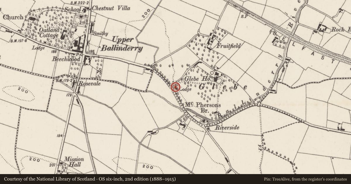 Ordnance Survey six-inch map, 2nd edition (1888–1915) covering the location of Lodge, Lisburn and Castlereagh, with a pin at the register's coordinates