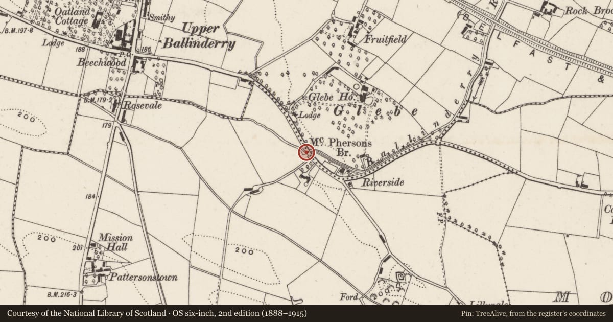 Ordnance Survey six-inch map, 2nd edition (1888–1915) covering the location of McPherson’s Bridge, Lisburn and Castlereagh, with a pin at the register's coordinates
