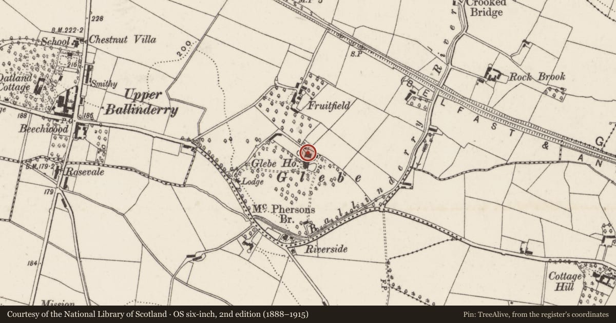 Ordnance Survey six-inch map, 2nd edition (1888–1915) covering the location of Glebe House, Ballyscolly, Lisburn and Castlereagh, with a pin at the register's coordinates