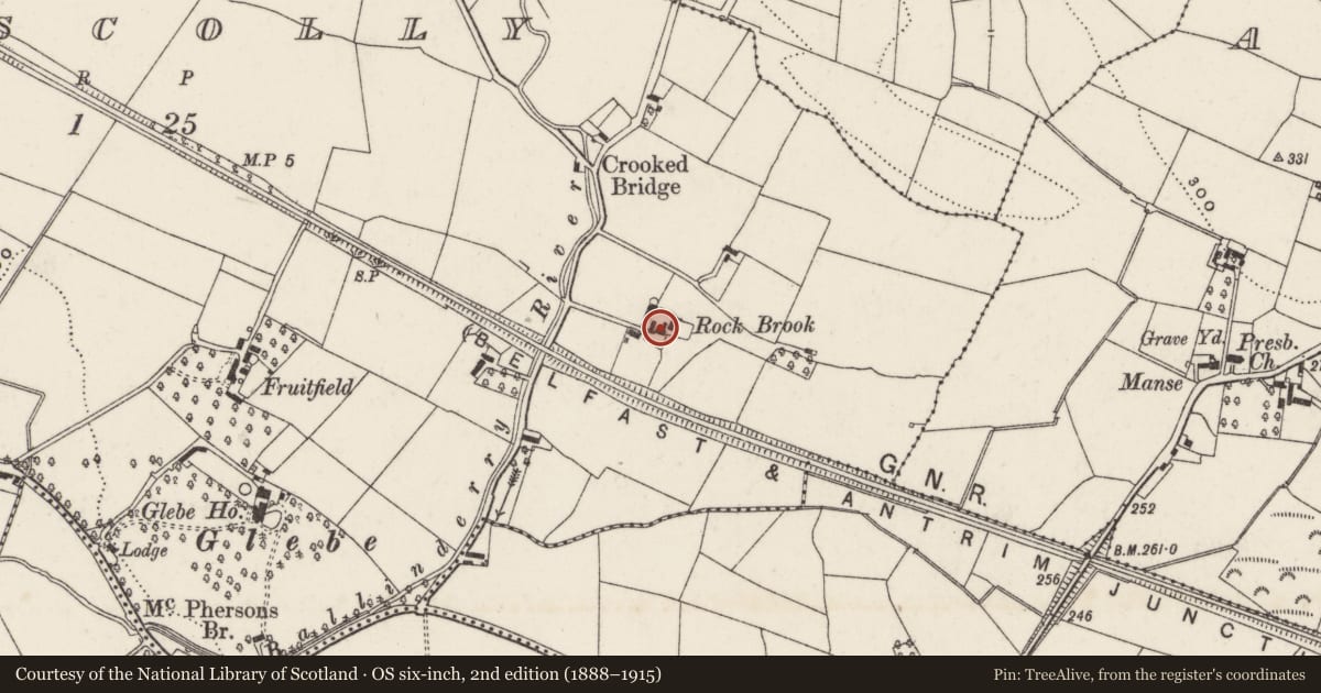 Ordnance Survey six-inch map, 2nd edition (1888–1915) covering the location of Rockbrook House, Ballyscolly, Lisburn and Castlereagh, with a pin at the register's coordinates