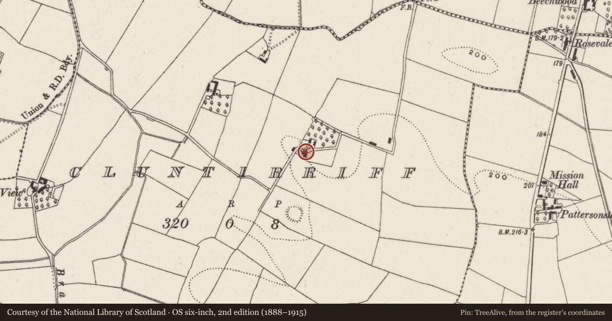 Ordnance Survey six-inch map, 2nd edition (1888–1915) covering the location of Cluntirriff House, Lisburn and Castlereagh, with a pin at the register's coordinates
