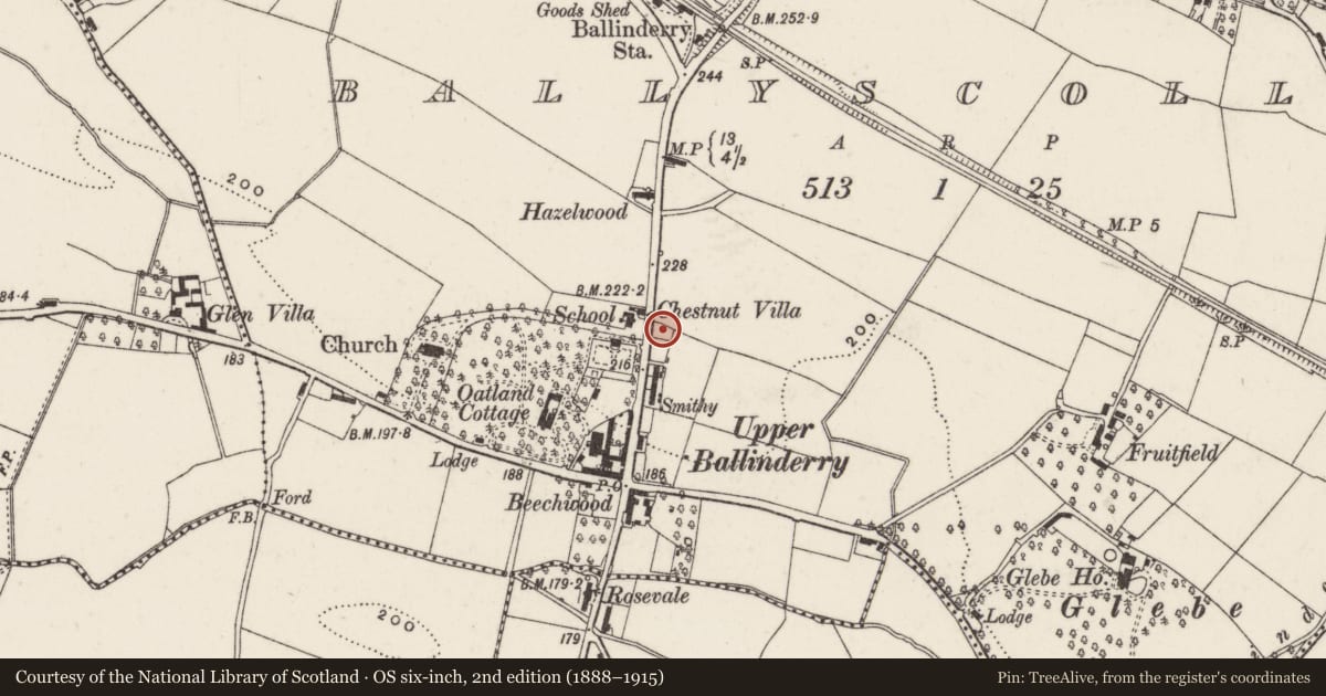 Ordnance Survey six-inch map, 2nd edition (1888–1915) covering the location of The Ballinderry War Memorial Hall, Ballyscolly, Lisburn and Castlereagh, with a pin at the register's coordinates