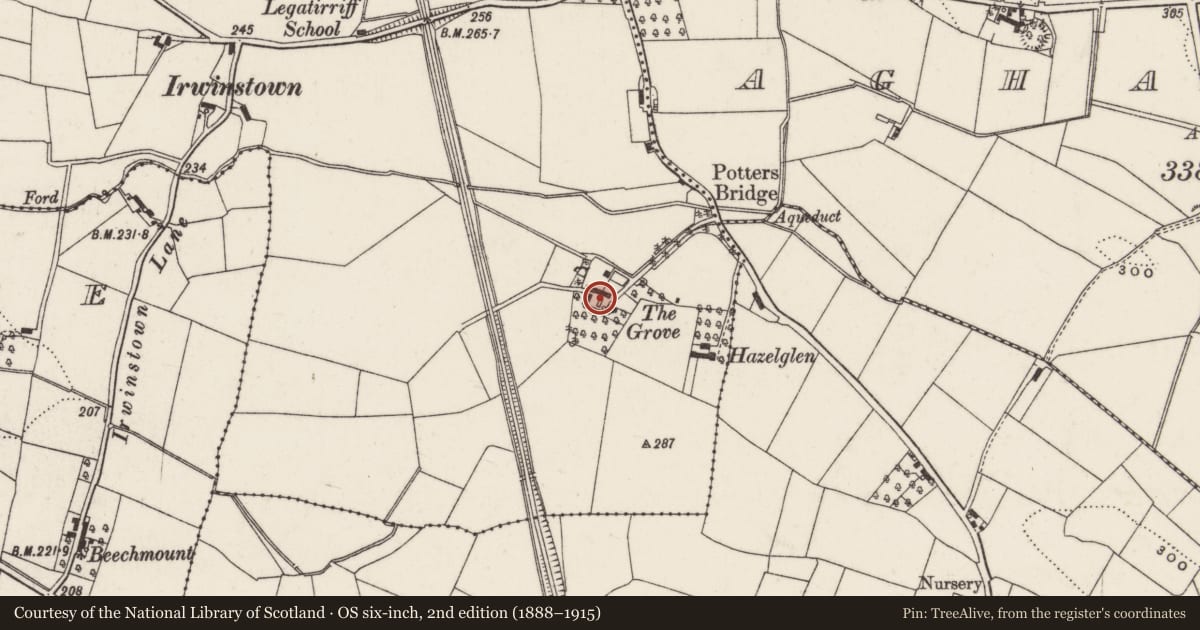 Ordnance Survey six-inch map, 2nd edition (1888–1915) covering the location of Farmhouse (The Grove), Legatirriff, Lisburn and Castlereagh, with a pin at the register's coordinates