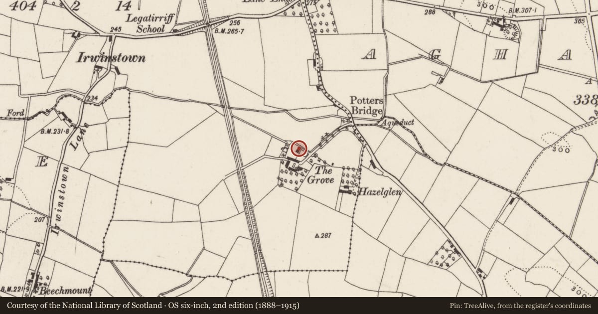 Ordnance Survey six-inch map, 2nd edition (1888–1915) covering the location of Threshing mill, Legaterriff, Lisburn and Castlereagh, with a pin at the register's coordinates