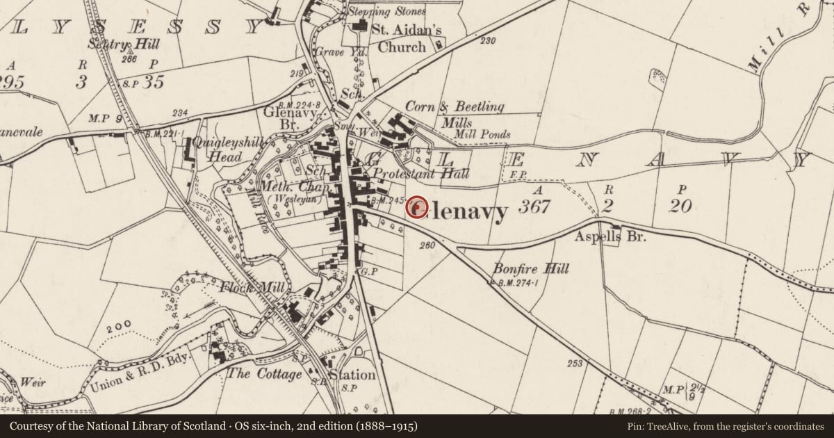 Ordnance Survey six-inch map, 2nd edition (1888–1915) covering the location of 6 Lisburn Road, Glenavy, Lisburn and Castlereagh, with a pin at the register's coordinates