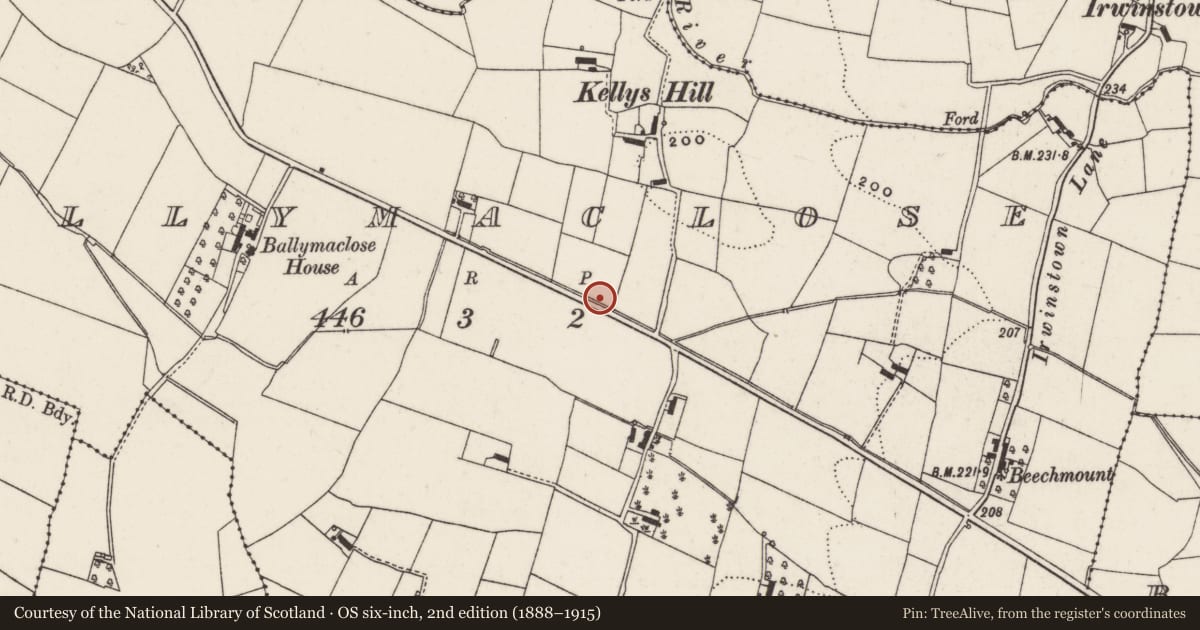 Ordnance Survey six-inch map, 2nd edition (1888–1915) covering the location of Pump, Ballymaclose, Lisburn and Castlereagh, with a pin at the register's coordinates