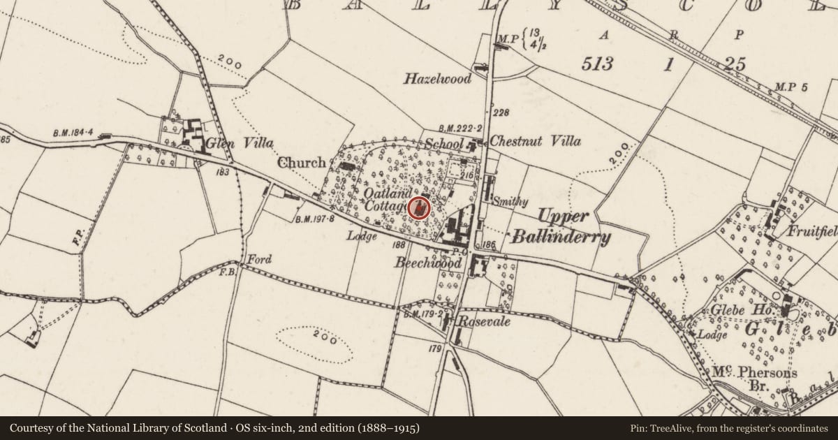 Ordnance Survey six-inch map, 2nd edition (1888–1915) covering the location of Oatland Cottage, Ballyscolly, Lisburn and Castlereagh, with a pin at the register's coordinates