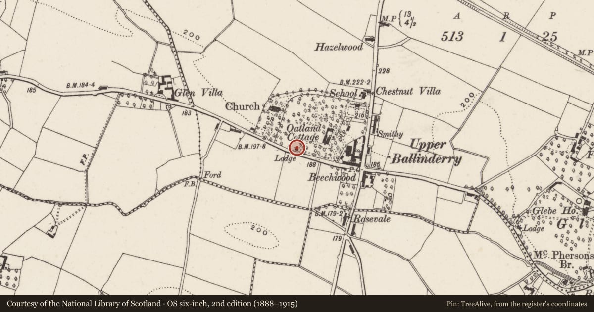 Ordnance Survey six-inch map, 2nd edition (1888–1915) covering the location of The Lodge, Ballyscolly, Lisburn and Castlereagh, with a pin at the register's coordinates