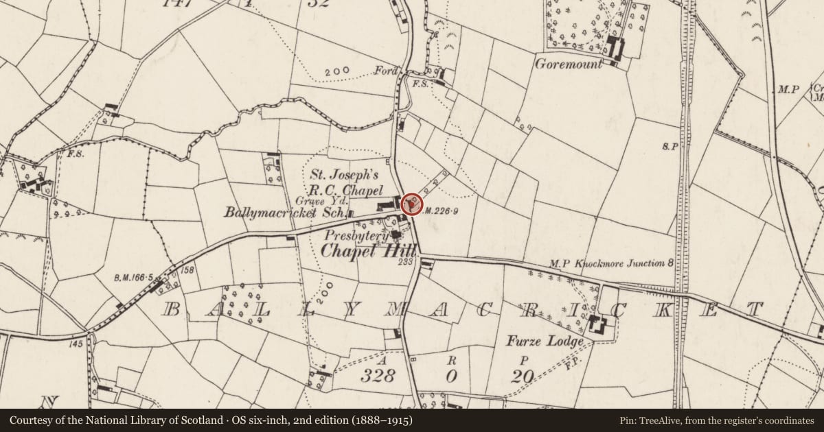 Ordnance Survey six-inch map, 2nd edition (1888–1915) covering the location of 48 Glen Road, Lisburn and Castlereagh, with a pin at the register's coordinates