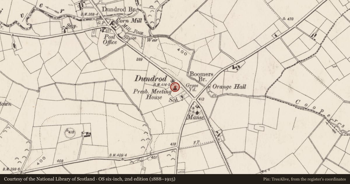 Ordnance Survey six-inch map, 2nd edition (1888–1915) covering the location of Dundrod Presbyterian Church, Lisburn and Castlereagh, with a pin at the register's coordinates
