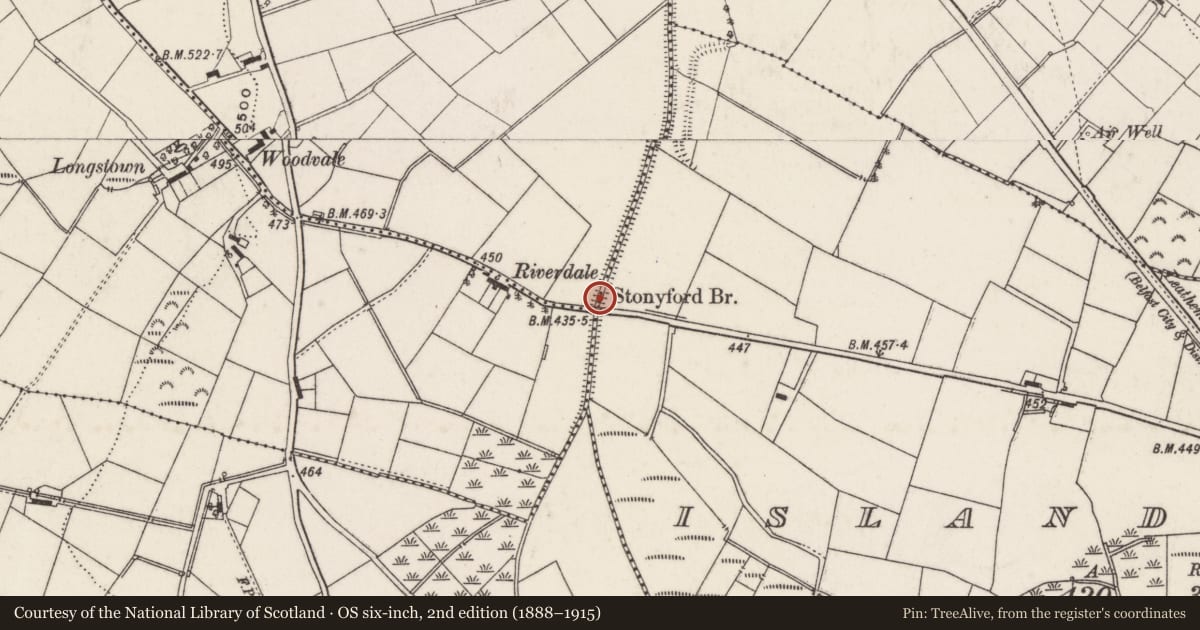 Ordnance Survey six-inch map, 2nd edition (1888–1915) covering the location of Stoneyford Bridge, Lisburn and Castlereagh, with a pin at the register's coordinates