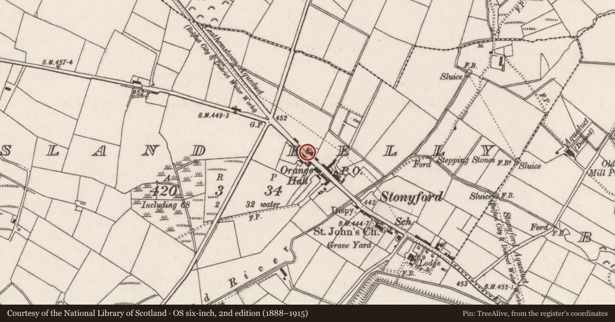 Ordnance Survey six-inch map, 2nd edition (1888–1915) covering the location of Stoneyford Road, Lisburn and Castlereagh, with a pin at the register's coordinates