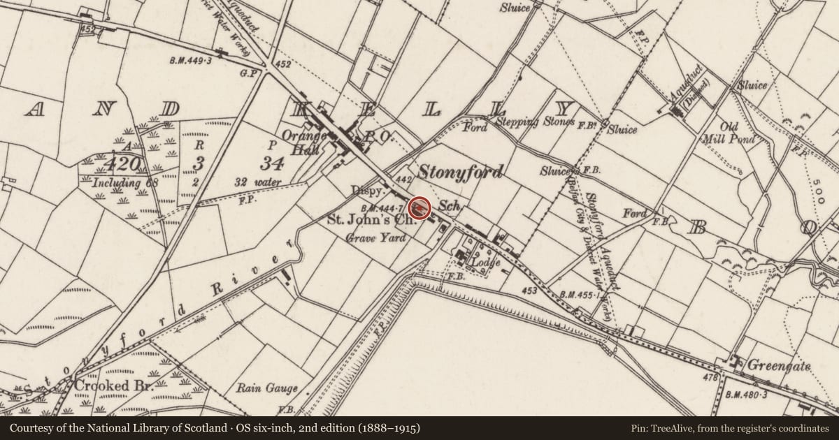 Ordnance Survey six-inch map, 2nd edition (1888–1915) covering the location of St. John's Church of Ireland, Island Kelly, Lisburn and Castlereagh, with a pin at the register's coordinates