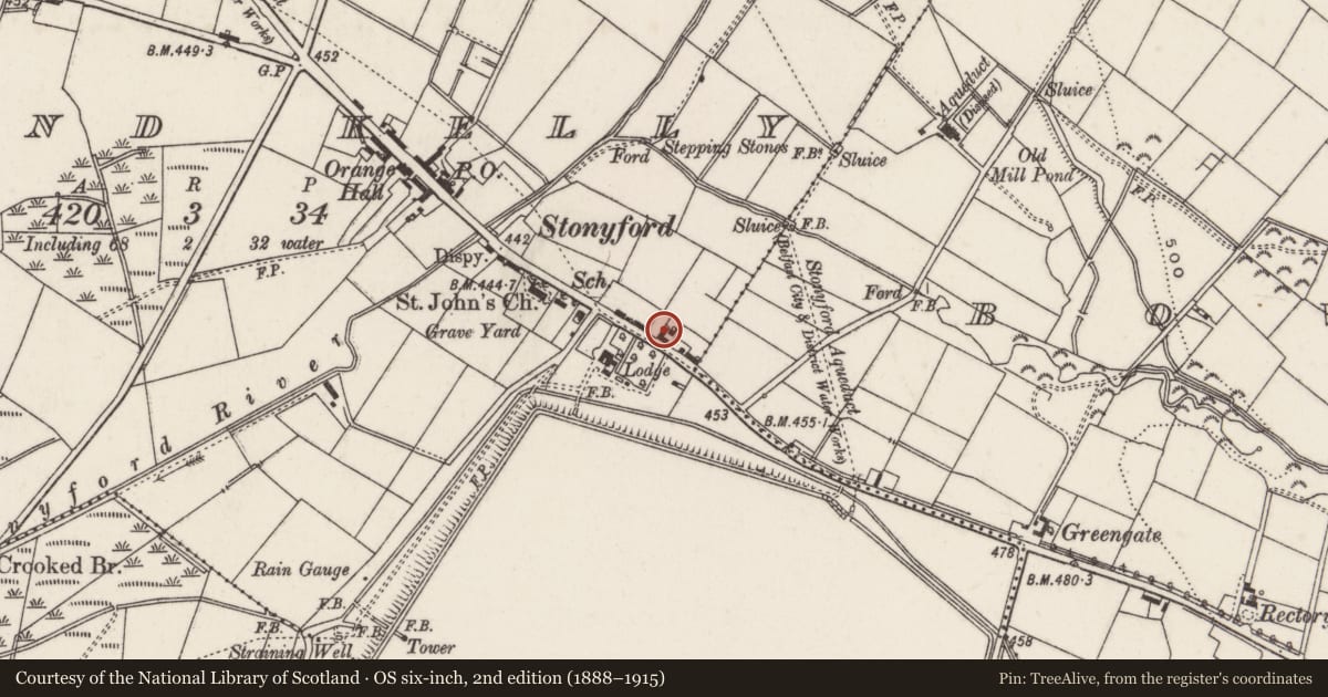 Ordnance Survey six-inch map, 2nd edition (1888–1915) covering the location of Thatched Cottage, Lisburn and Castlereagh, with a pin at the register's coordinates