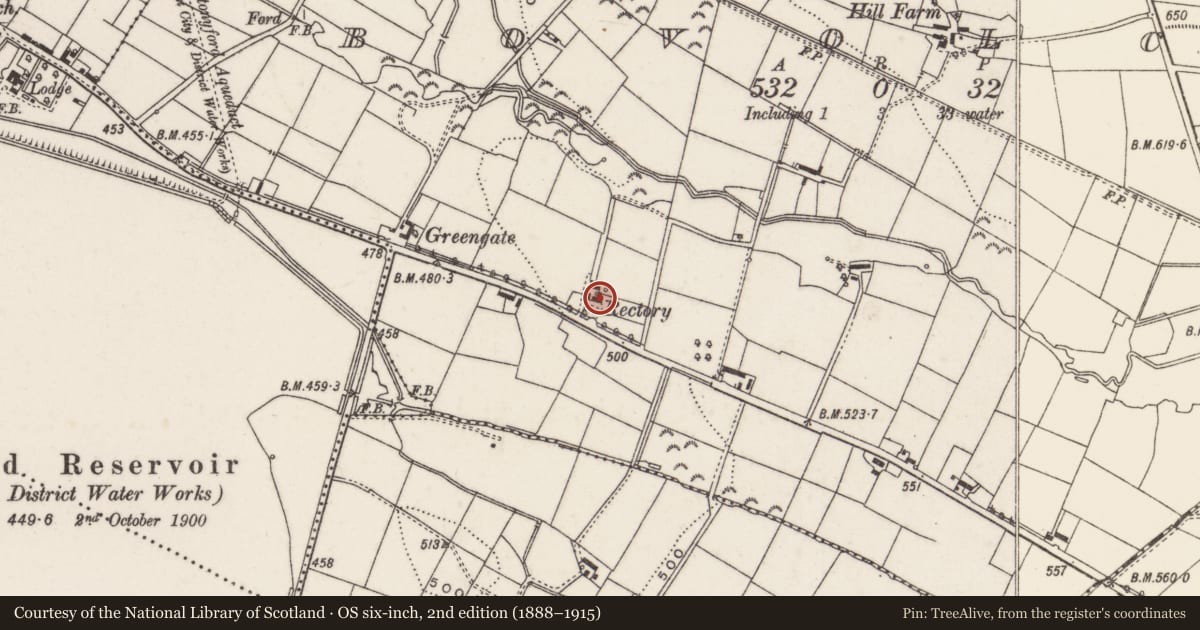 Ordnance Survey six-inch map, 2nd edition (1888–1915) covering the location of The Rectory, Lisburn and Castlereagh, with a pin at the register's coordinates