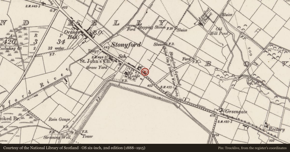 Ordnance Survey six-inch map, 2nd edition (1888–1915) covering the location of 64 Stoneyford Road, Bovolcan/Mullaghglass, Lisburn and Castlereagh, with a pin at the register's coordinates
