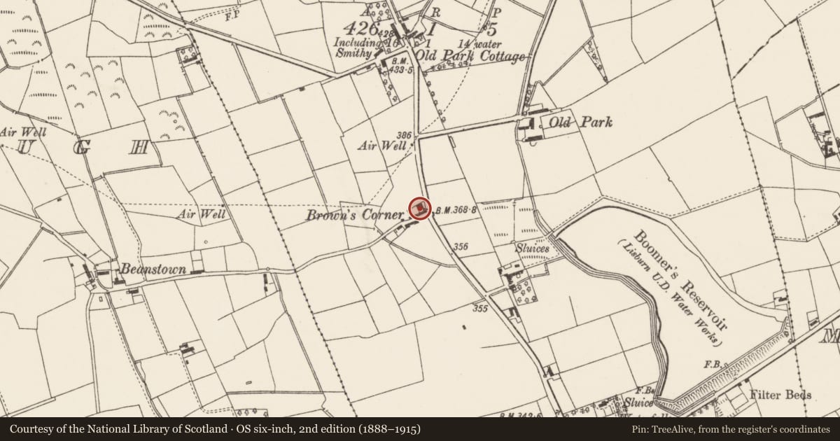 Ordnance Survey six-inch map, 2nd edition (1888–1915) covering the location of Beanstown Mission Hall, Aghalislone, Lisburn and Castlereagh, with a pin at the register's coordinates