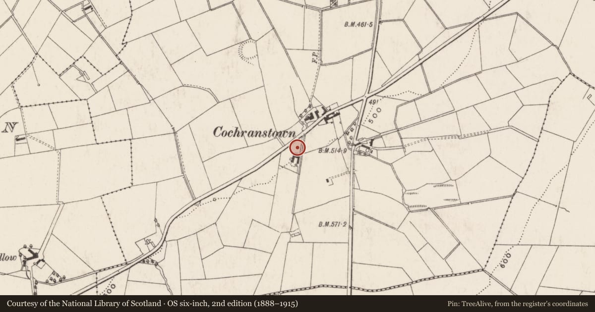 Ordnance Survey six-inch map, 2nd edition (1888–1915) covering the location of 6 Cochranstown Road, Dundrod, Lisburn and Castlereagh, with a pin at the register's coordinates