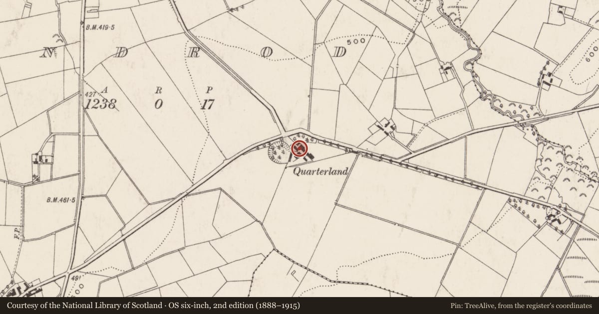 Ordnance Survey six-inch map, 2nd edition (1888–1915) covering the location of 16 Cochranstown Road (Quarterland), Dundrod, Lisburn and Castlereagh, with a pin at the register's coordinates