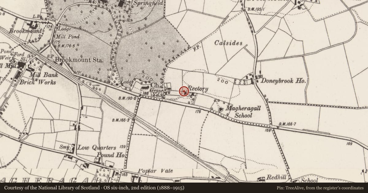 Ordnance Survey six-inch map, 2nd edition (1888–1915) covering the location of Magheragall Rectory, Moneybroom, Lisburn and Castlereagh, with a pin at the register's coordinates