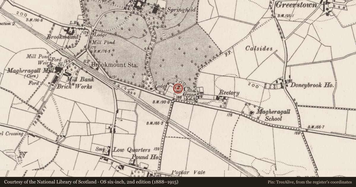 Ordnance Survey six-inch map, 2nd edition (1888–1915) covering the location of Magheragall Parish Church, Magheragall/Moneybroom, Lisburn and Castlereagh, with a pin at the register's coordinates
