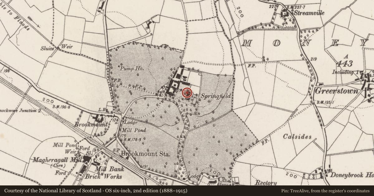Ordnance Survey six-inch map, 2nd edition (1888–1915) covering the location of Springfield, Magheragall, Lisburn and Castlereagh, with a pin at the register's coordinates