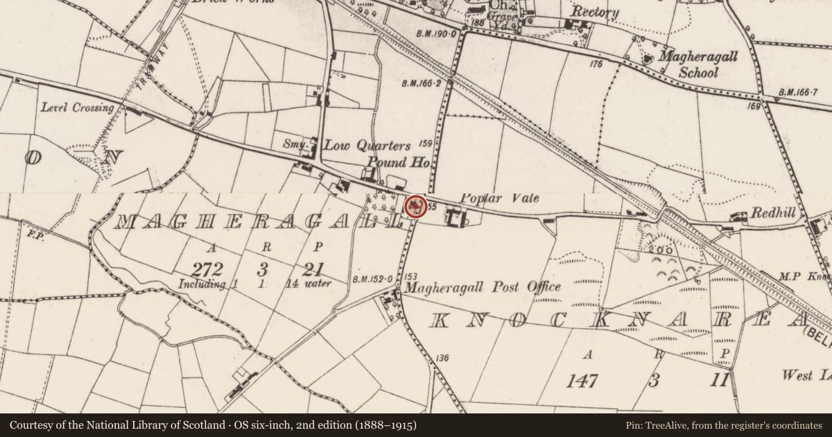 Ordnance Survey six-inch map, 2nd edition (1888–1915) covering the location of Gillbrook, Magheragall/Knocknarea, Lisburn and Castlereagh, with a pin at the register's coordinates