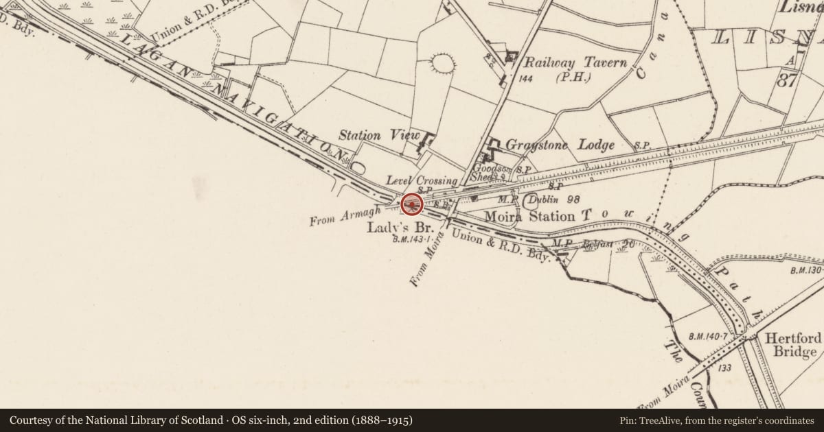 Ordnance Survey six-inch map, 2nd edition (1888–1915) covering the location of Railway bridge over canal, Ballycanal/Magheramesk, Lisburn and Castlereagh, with a pin at the register's coordinates