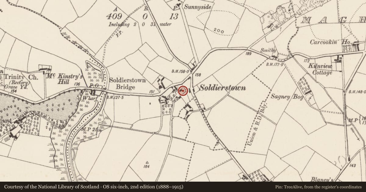 Ordnance Survey six-inch map, 2nd edition (1888–1915) covering the location of 61 Soldierstown Road, Ballynanaghten, Lisburn and Castlereagh, with a pin at the register's coordinates