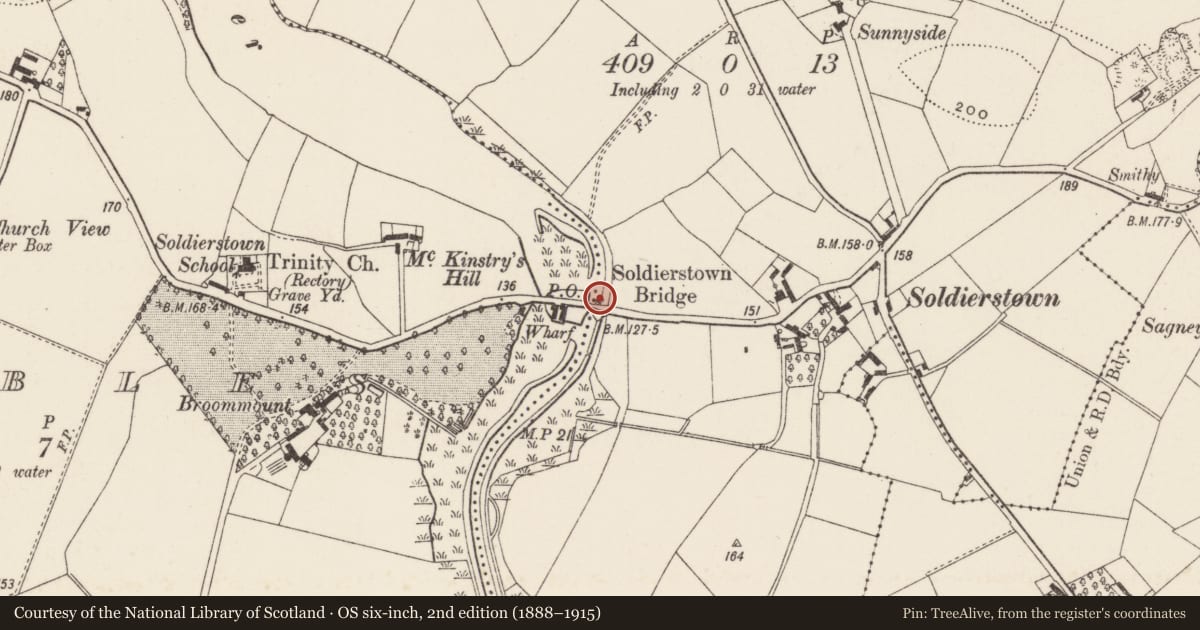 Ordnance Survey six-inch map, 2nd edition (1888–1915) covering the location of Soldierstown Bridge, Lisburn and Castlereagh, with a pin at the register's coordinates