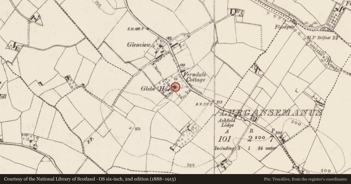 Ordnance Survey six-inch map, 2nd edition (1888–1915) covering the location of The Rectory, Killough, Lisburn and Castlereagh, with a pin at the register's coordinates