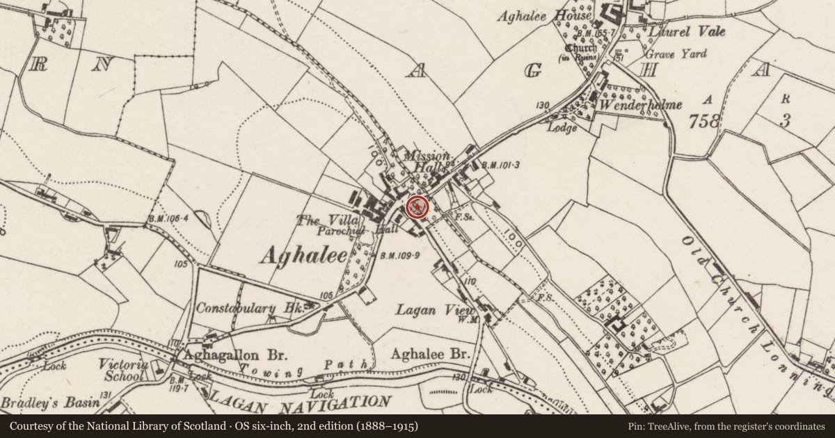 Ordnance Survey six-inch map, 2nd edition (1888–1915) covering the location of Public House, Aghalee, Lisburn and Castlereagh, with a pin at the register's coordinates