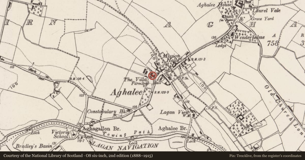 Ordnance Survey six-inch map, 2nd edition (1888–1915) covering the location of The Villa, Lisburn and Castlereagh, with a pin at the register's coordinates