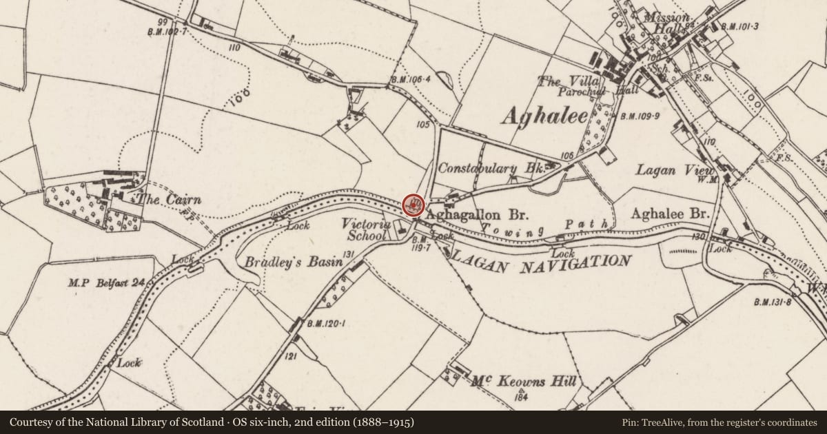 Ordnance Survey six-inch map, 2nd edition (1888–1915) covering the location of Aghagallon Bridge, Armagh City, Banbridge and Craigavon, with a pin at the register's coordinates