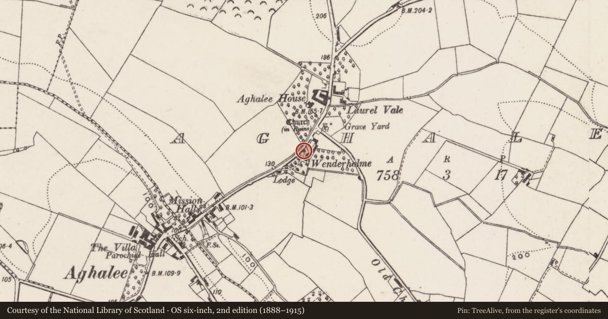 Ordnance Survey six-inch map, 2nd edition (1888–1915) covering the location of Aghalee House, Lisburn and Castlereagh, with a pin at the register's coordinates