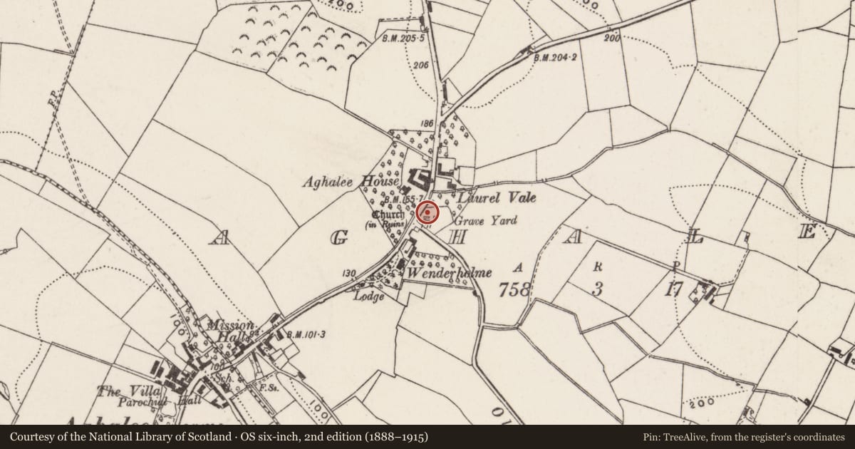 Ordnance Survey six-inch map, 2nd edition (1888–1915) covering the location of Ruined church and graveyard, Lisburn and Castlereagh, with a pin at the register's coordinates