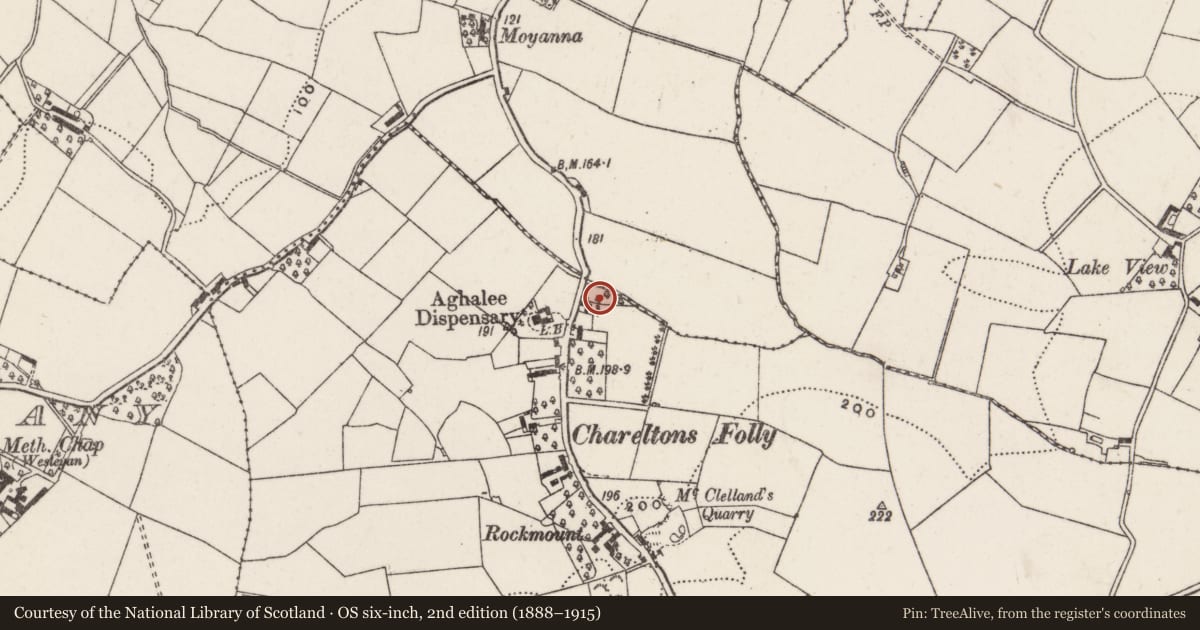 Ordnance Survey six-inch map, 2nd edition (1888–1915) covering the location of 27 Ballinderry Road, Lisburn and Castlereagh, with a pin at the register's coordinates