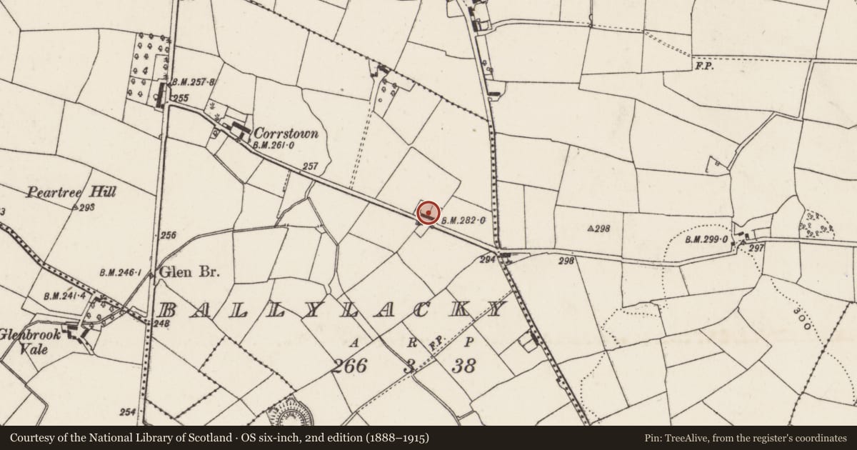 Ordnance Survey six-inch map, 2nd edition (1888–1915) covering the location of 2 Corrstown Road, Lisburn and Castlereagh, with a pin at the register's coordinates