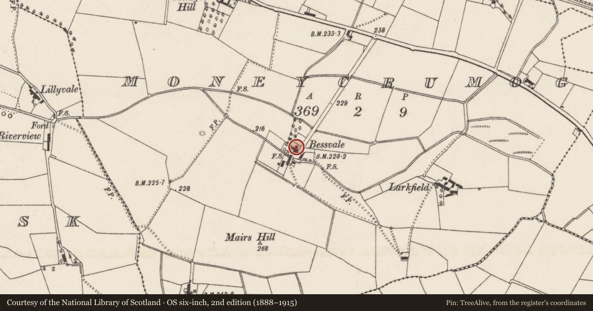 Ordnance Survey six-inch map, 2nd edition (1888–1915) covering the location of Bessvale, Moneycrumog, Lisburn and Castlereagh, with a pin at the register's coordinates