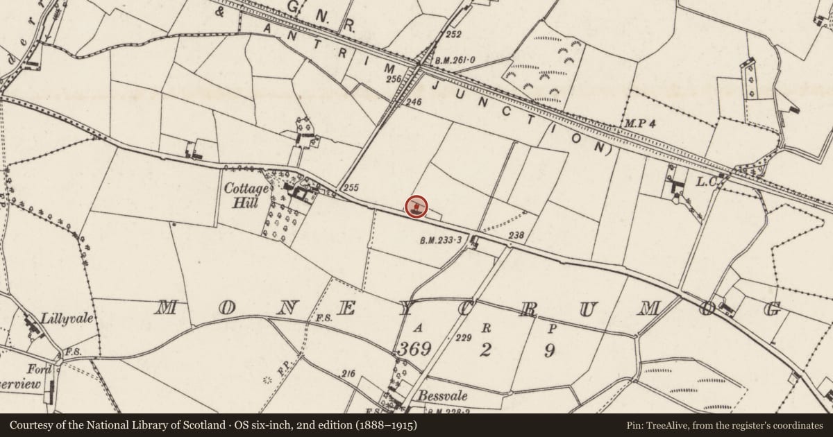 Ordnance Survey six-inch map, 2nd edition (1888–1915) covering the location of 114 Ballinderry Road, Lisburn and Castlereagh, with a pin at the register's coordinates