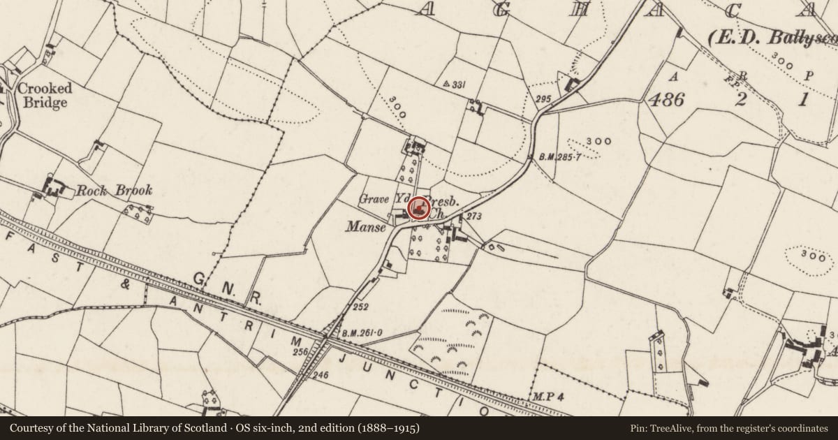 Ordnance Survey six-inch map, 2nd edition (1888–1915) covering the location of Ballinderry Presbyterian Church, Aghacarnan, Lisburn and Castlereagh, with a pin at the register's coordinates