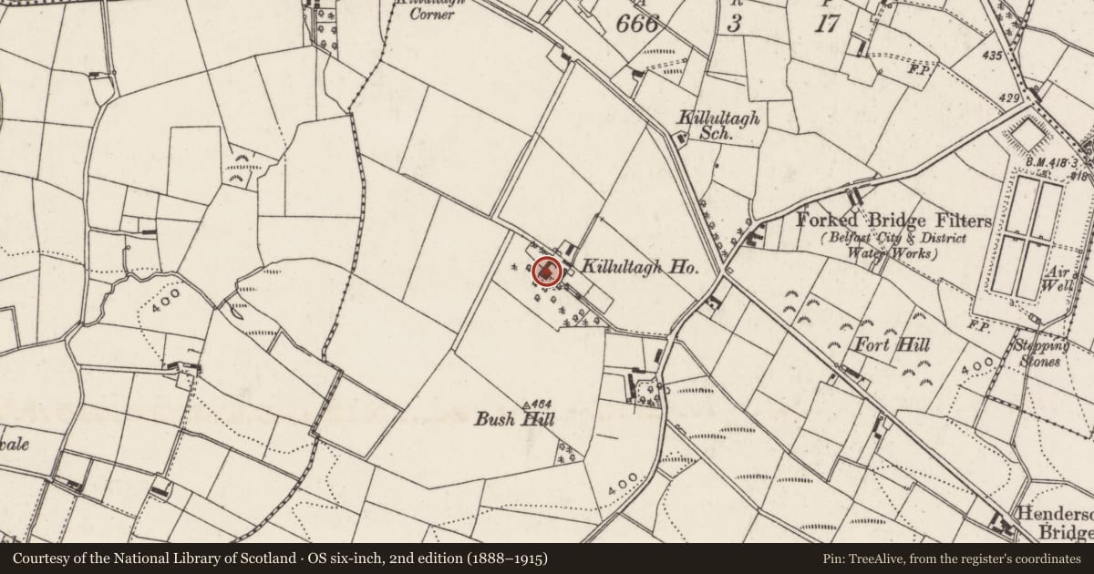 Ordnance Survey six-inch map, 2nd edition (1888–1915) covering the location of Killultagh House, Lisburn and Castlereagh, with a pin at the register's coordinates
