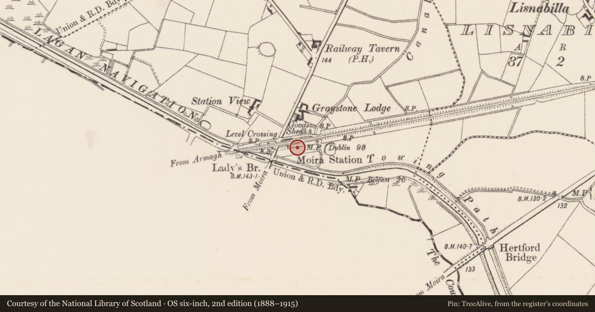 Ordnance Survey six-inch map, 2nd edition (1888–1915) covering the location of Moira Railway Station, Magheramisk, Lisburn and Castlereagh, with a pin at the register's coordinates