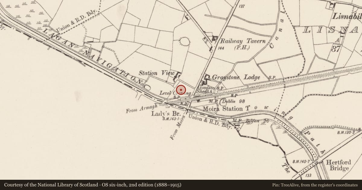 Ordnance Survey six-inch map, 2nd edition (1888–1915) covering the location of Station Master’s House, Lisburn and Castlereagh, with a pin at the register's coordinates