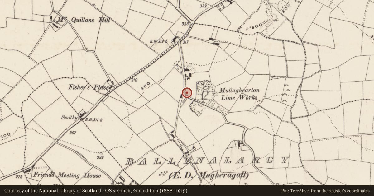 Ordnance Survey six-inch map, 2nd edition (1888–1915) covering the location of Old Stone Barn, Lisburn and Castlereagh, with a pin at the register's coordinates