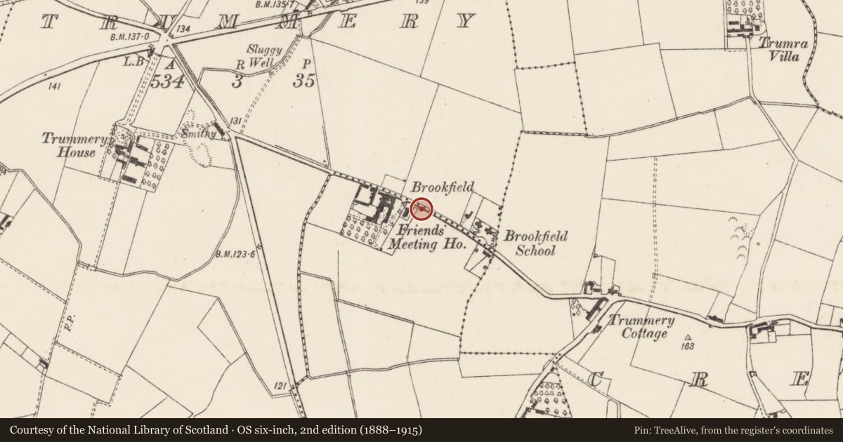 Ordnance Survey six-inch map, 2nd edition (1888–1915) covering the location of Friends Meeting House, Inishloughlin, Lisburn and Castlereagh, with a pin at the register's coordinates