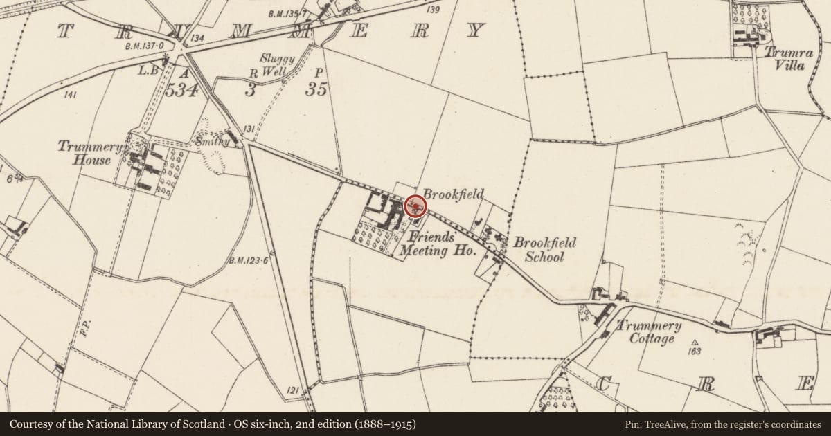Ordnance Survey six-inch map, 2nd edition (1888–1915) covering the location of Brookfield, Trummery, Lisburn and Castlereagh, with a pin at the register's coordinates