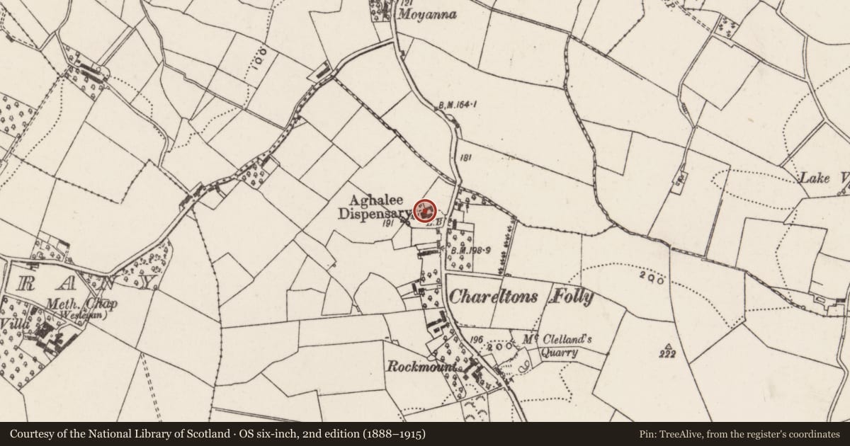 Ordnance Survey six-inch map, 2nd edition (1888–1915) covering the location of Foley Hill, Ballinderry, Lisburn and Castlereagh, with a pin at the register's coordinates